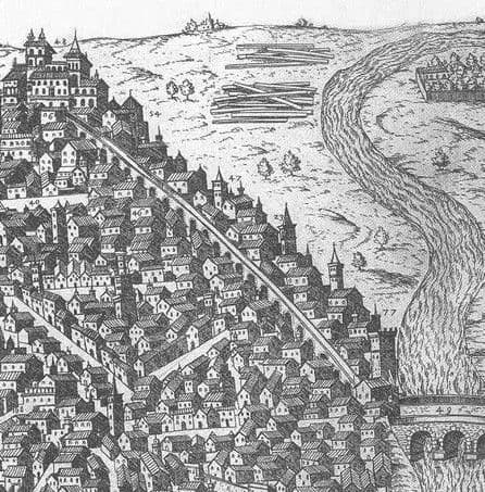 Dibujo del Artificio de Juanelo en un grabado de Brambilla en 1585 Dibujo del Artificio de Juanelo en un grabado de Brambilla en 1585